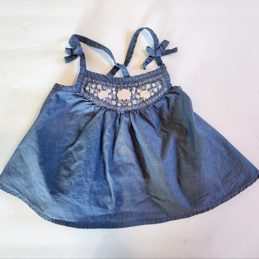 Chelsea's Corner Baby Girl's 12M Denim Cross Back Dress Sleeveless w Embroidery